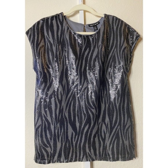 Cable & Gauge Tops - Cable and Gauge Sequin Zebra Print Blouse Sz S Black Gray Short Sleeve Top Shirt